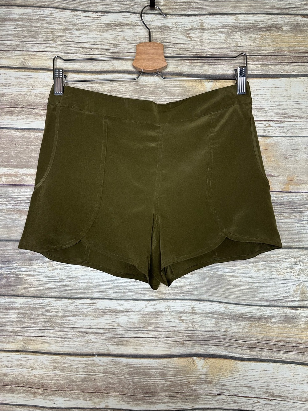 Eliot S 100% silk olive mini shorts